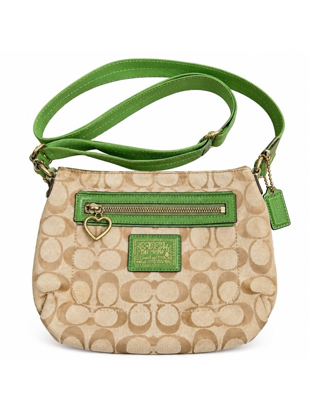 Coach Poppy Signature Canvas Strap Heart Zipper Beige Green CrossBody
